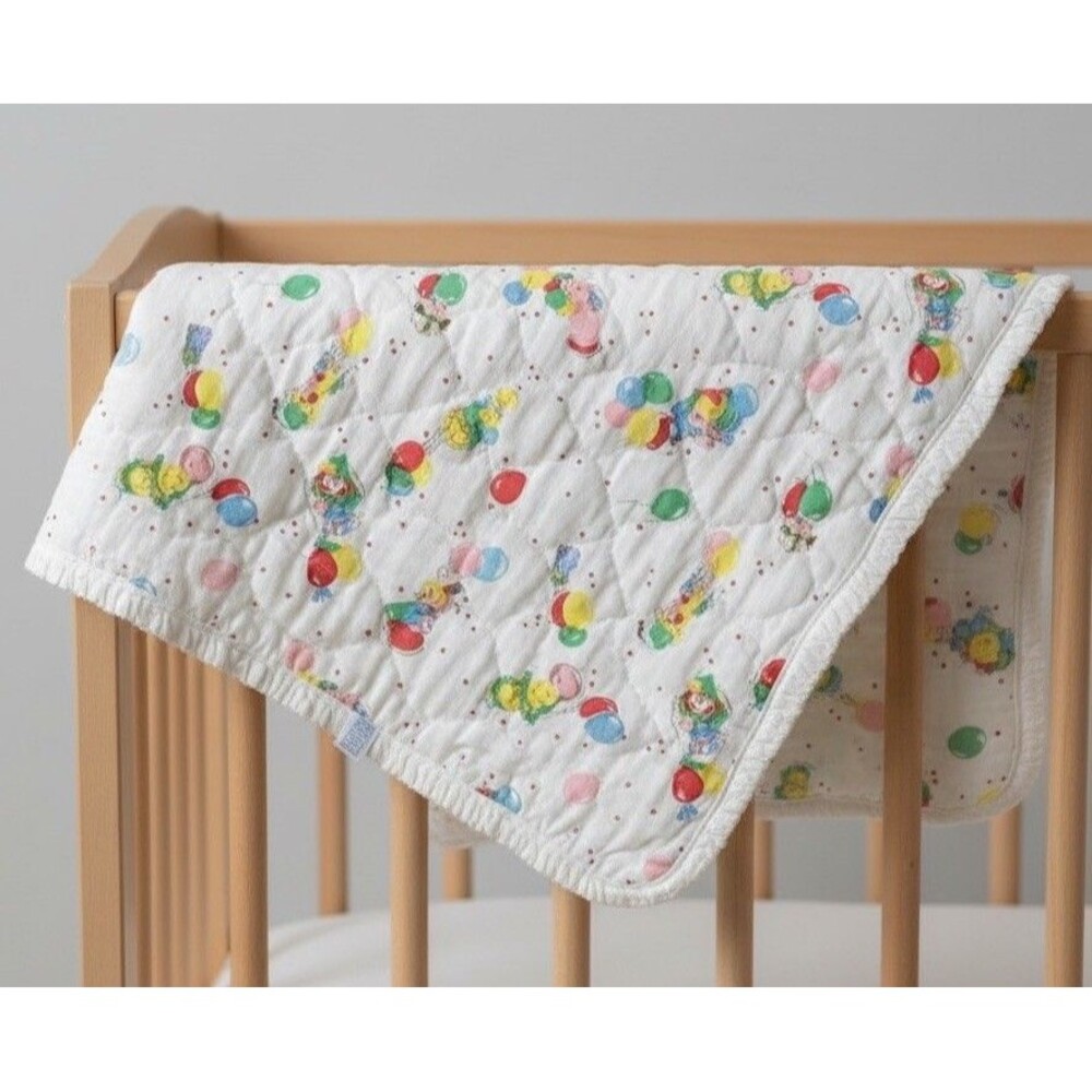 Vintage Curity Quilted Baby Blanket Clown Balloon Nursery Ruffle 80s USA
